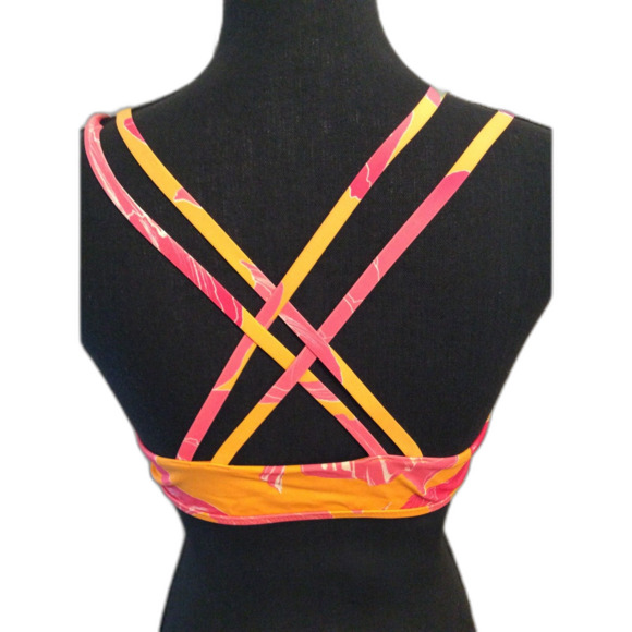 Athleta Medium M Criss Cross Back Floral Print Sport Bra Orange pink - Picture 3 of 4